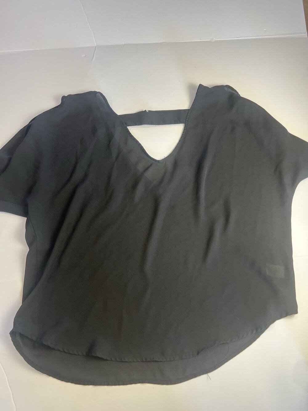 Shinestar Black Chiffon Blouse Top Women's Size XL Cutout Neckline Short Sleeves